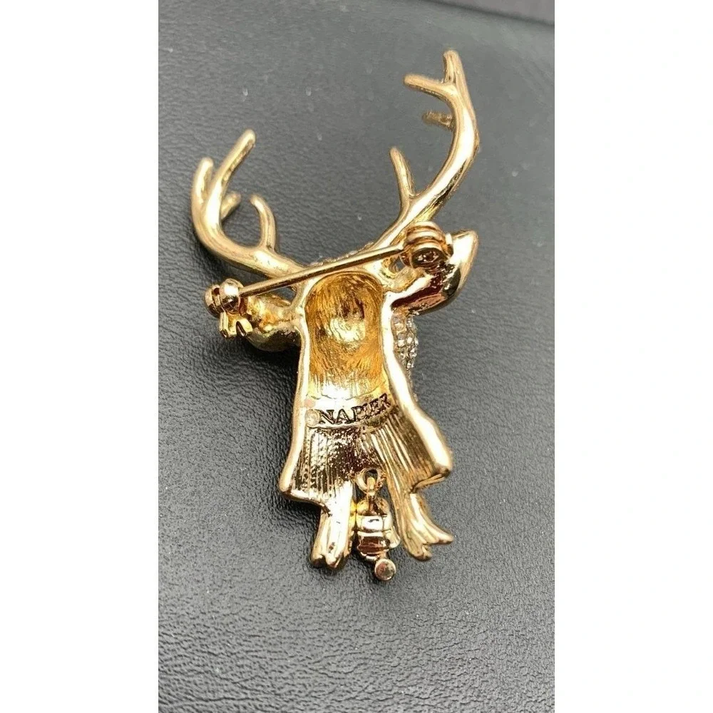 Napier Gold Tone Clear‎ Rhinestone Enamel Red Nose Christmas Reindeer Brooch Pin
